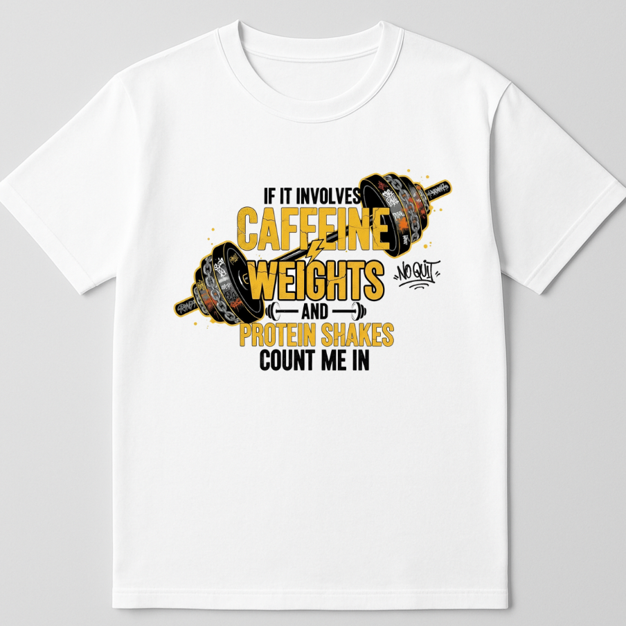 Caffeine Weights & Protein Shakes - round neck T-Shirt