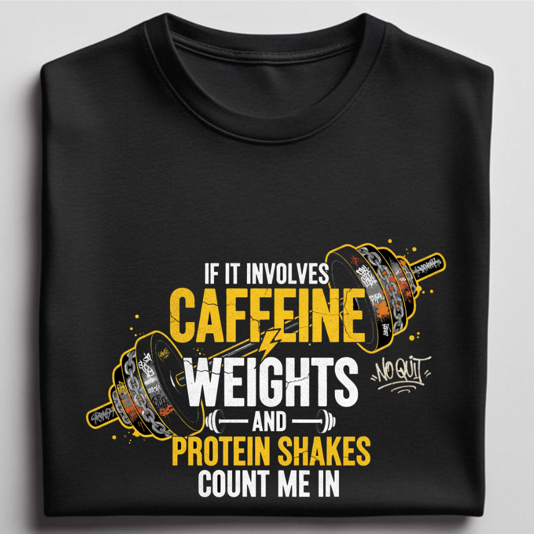 Caffeine Weights & Protein Shakes - round neck T-Shirt