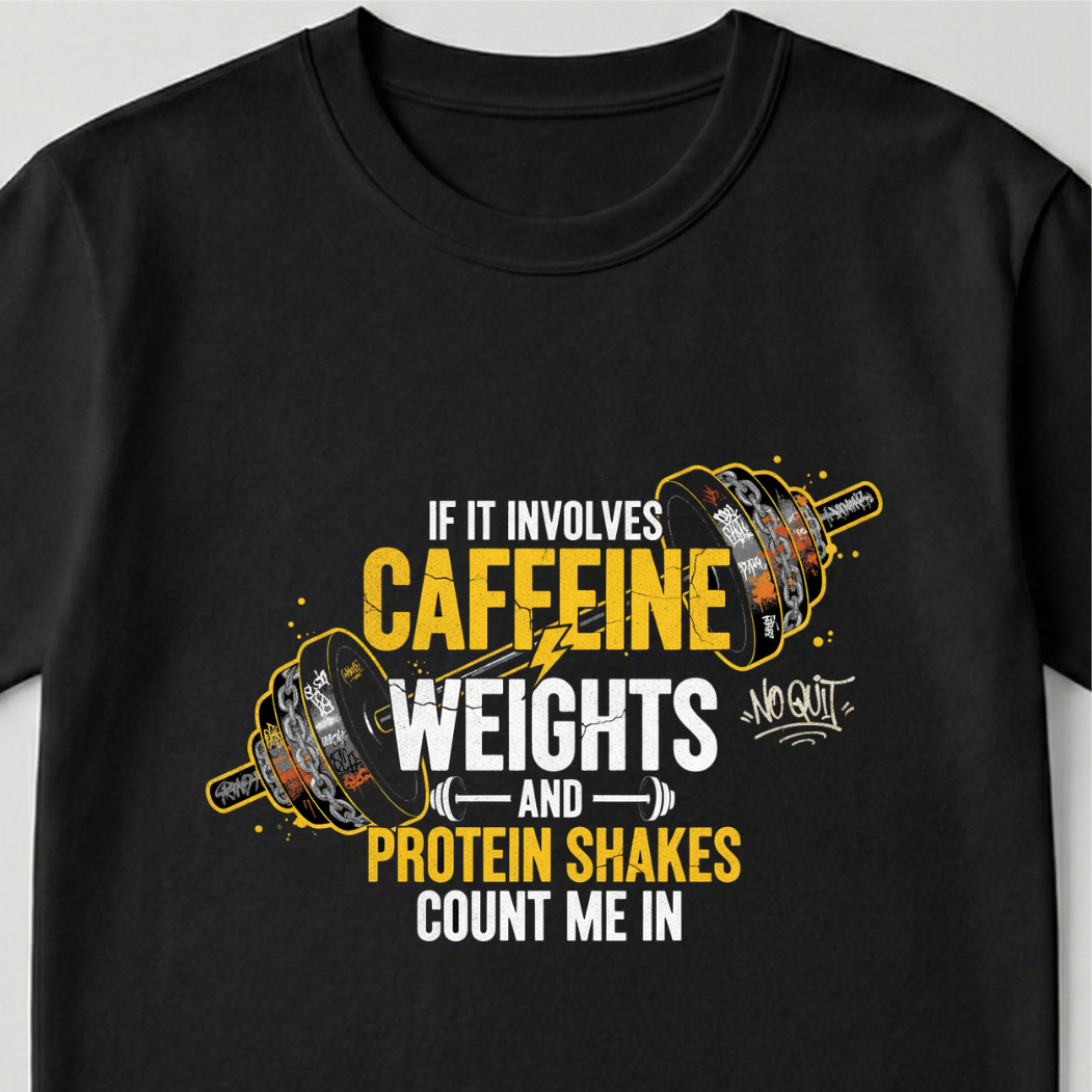 Caffeine Weights & Protein Shakes - round neck T-Shirt