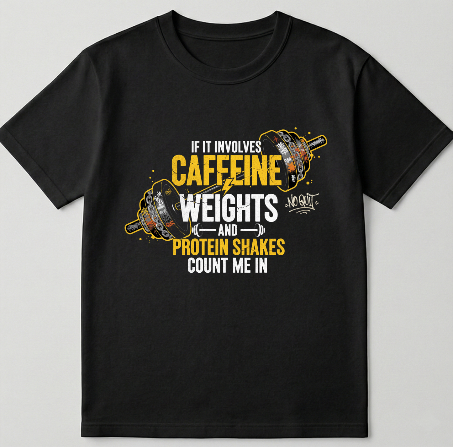 Caffeine Weights & Protein Shakes - round neck T-Shirt