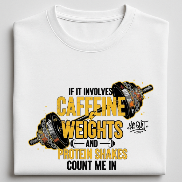 Caffeine Weights & Protein Shakes - round neck T-Shirt