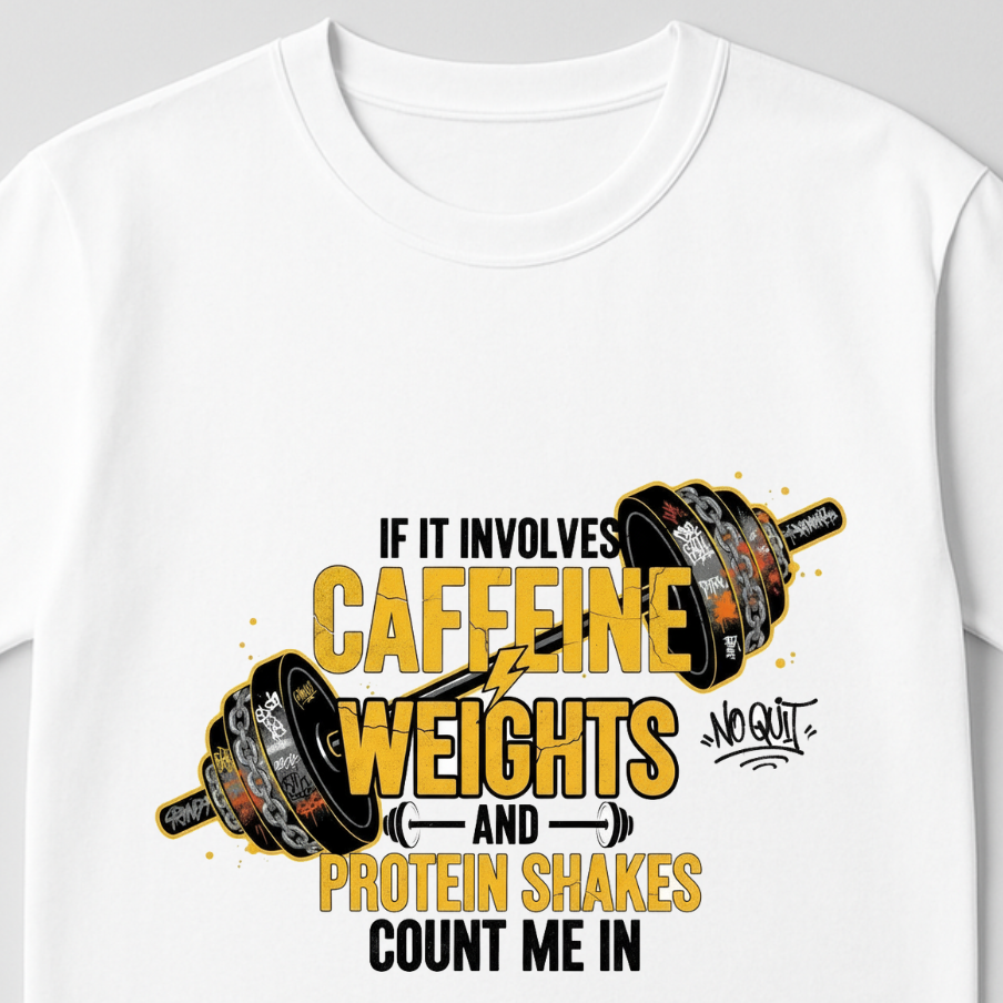 Caffeine Weights & Protein Shakes - round neck T-Shirt
